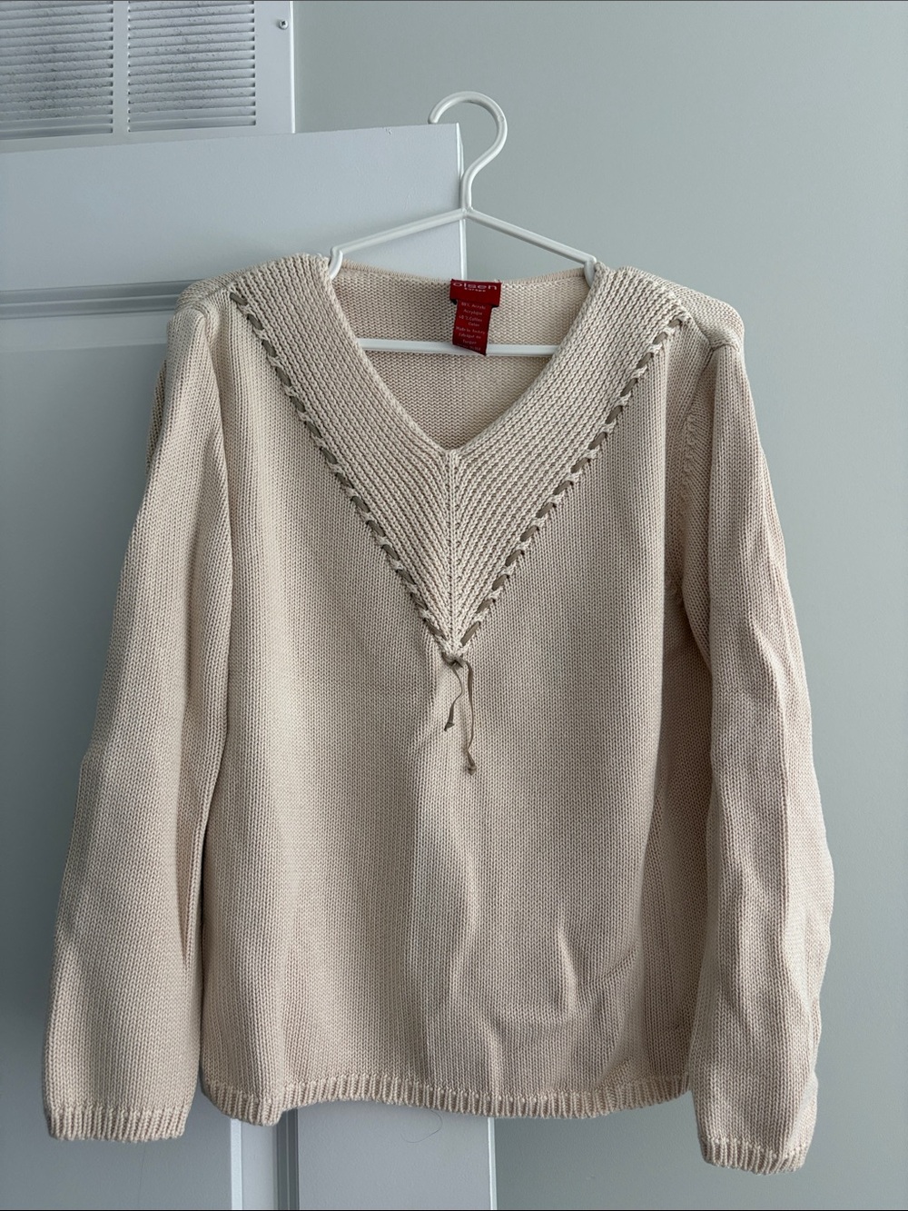 Light Cream V-Neck Knit Sweater with Lace-Up Detail